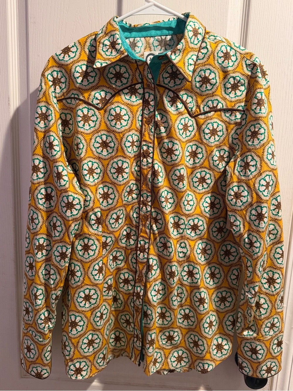 Womens Yellow Button-Down Shirt with Teal Floral Medallions